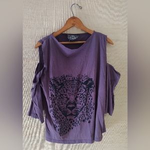 Sundarbans Greyish/Purple Half Sleeve + Shoulder Cut-Out Animal Print Shirt (S)